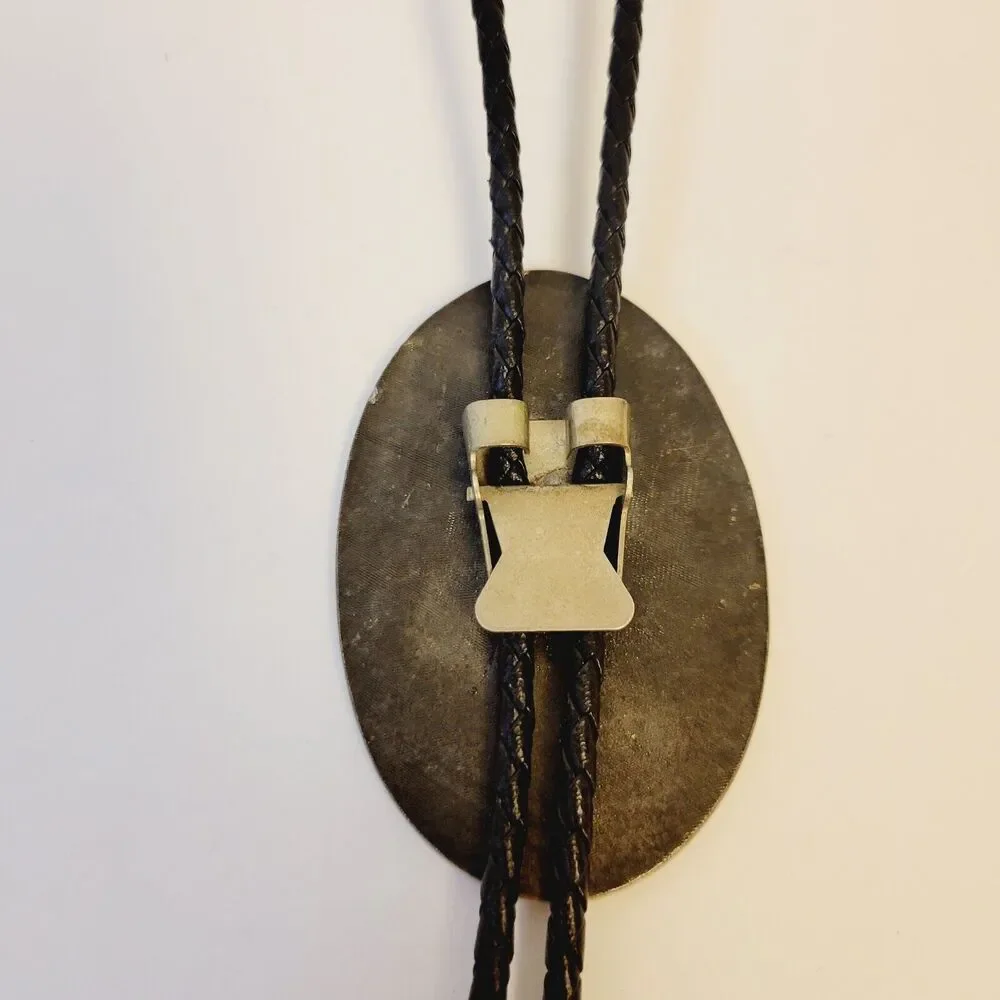Vintage Pewter Metal Leather Native Dancer Silhouette Bolo Tie